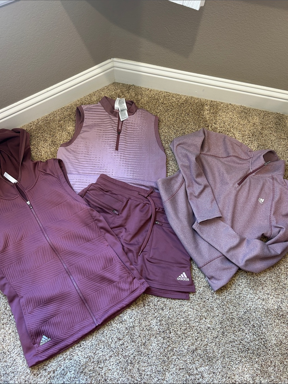 4 piece matching adidas Plum/Purple Women’s Activewer golf skirt outfit